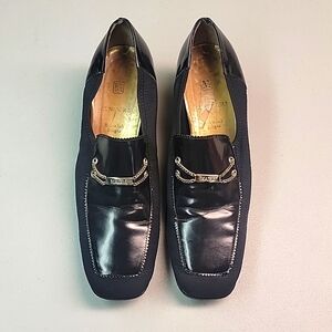 Bruno Magli Black Leather & Fabric Chain Loafers Heels